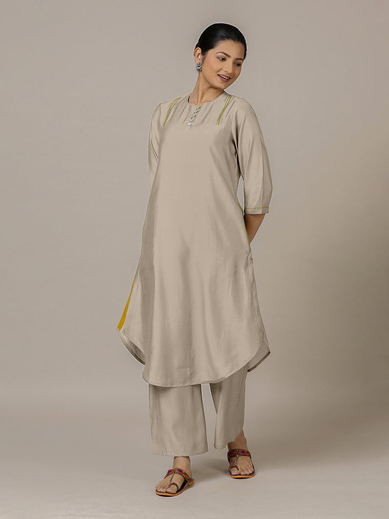 Urvi x Rozaana Kurta, in Grey Viscose, featuring three quarter sleeves and round neckline, made for daily & work.