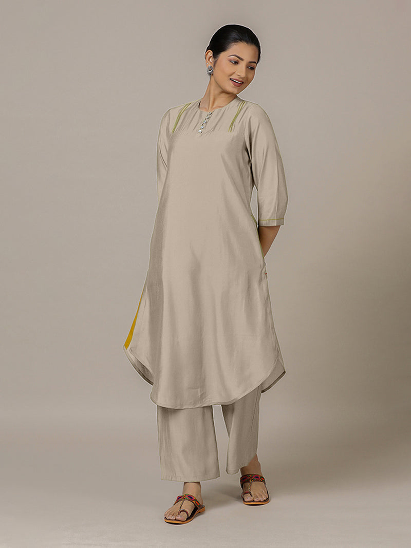 Urvi x Rozaana | A Line Kurta in Oyster Grey with Thread Work | Coords or Only Kurta-Binks