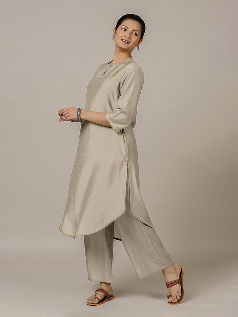 Urvi x Rozaana | A Line Kurta in Oyster Grey with Thread Work | Coords or Only Kurta-Binks