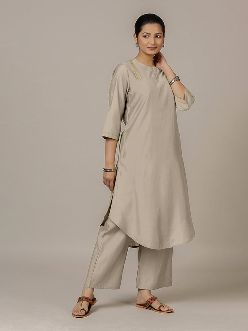 Urvi x Rozaana | A Line Kurta in Oyster Grey with Thread Work | Coords or Only Kurta-Binks