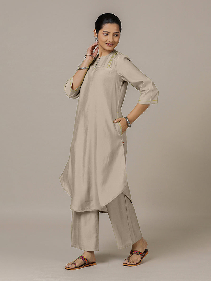 Urvi x Rozaana | A Line Kurta in Oyster Grey with Thread Work | Coords or Only Kurta-Binks