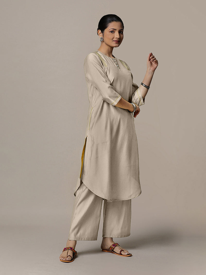 Urvi x Rozaana | A Line Kurta in Oyster Grey with Thread Work | Coords or Only Kurta-Binks