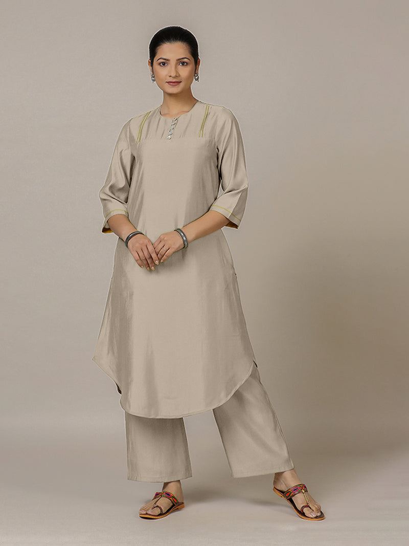 Urvi x Rozaana | A Line Kurta in Oyster Grey with Thread Work | Coords or Only Kurta-Binks
