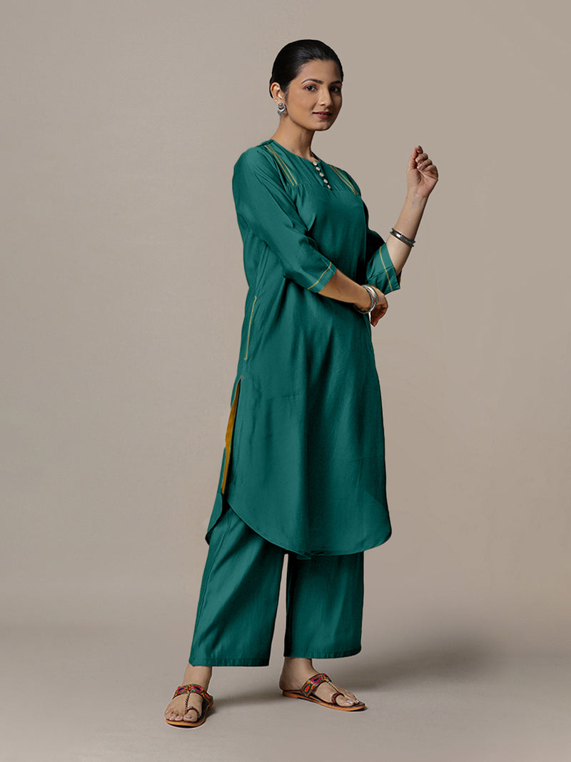 Urvi x Rozaana | A Line Kurta in Peacock Green with Thread Work | Coords or Only Kurta-Binks