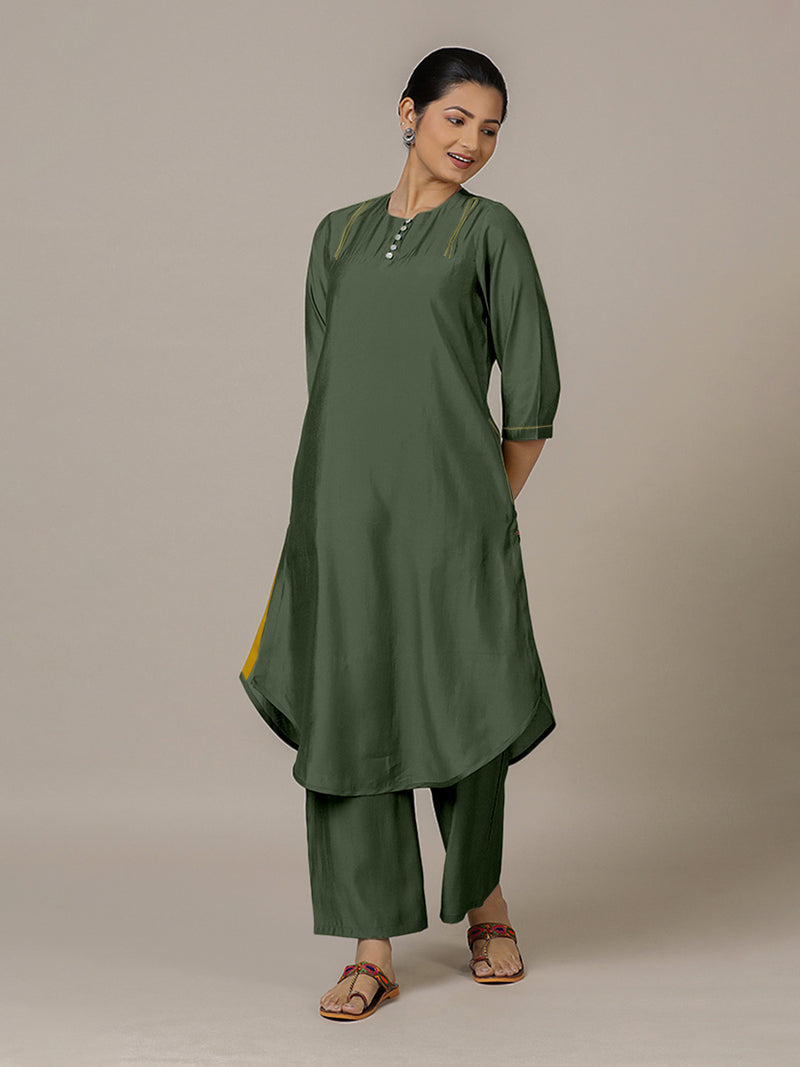 Urvi x Rozaana | A Line Kurta in Pine Green with Thread Work | Coords or Only Kurta-Binks