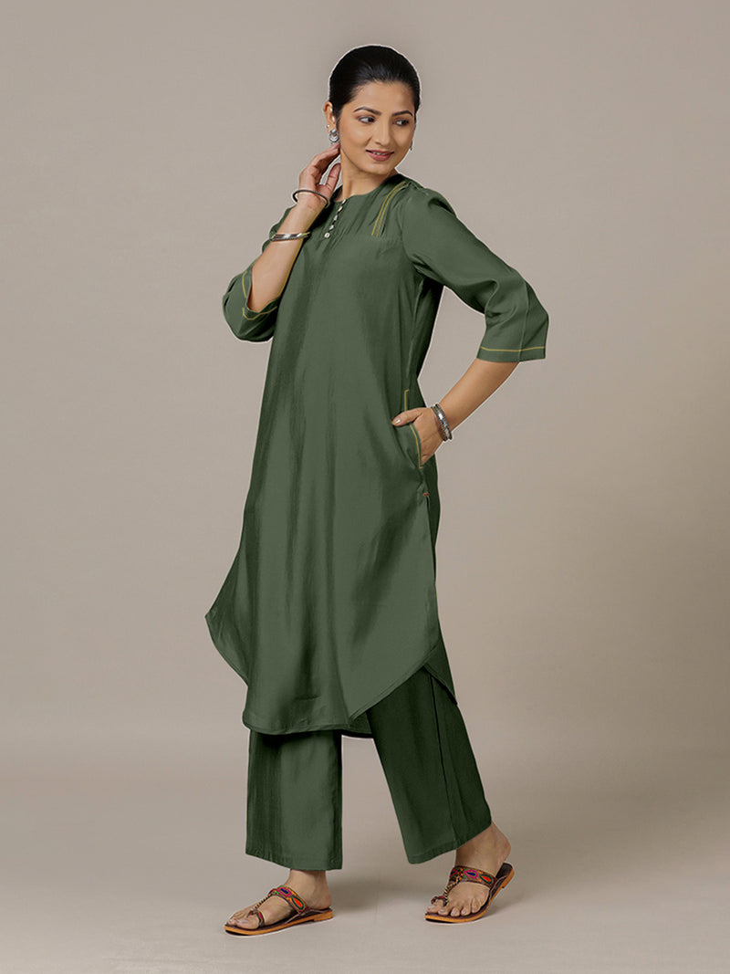 Urvi x Rozaana | A Line Kurta in Pine Green with Thread Work | Coords or Only Kurta-Binks