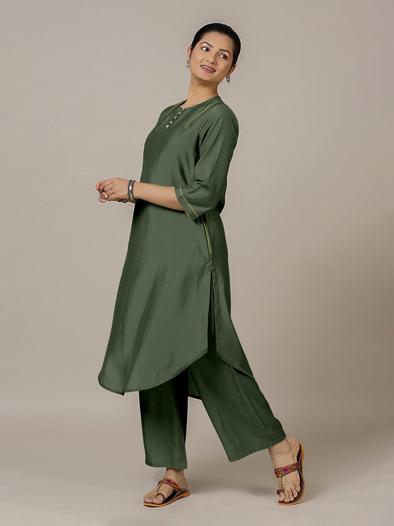 Urvi x Rozaana | A Line Kurta in Pine Green with Thread Work | Coords or Only Kurta-Binks