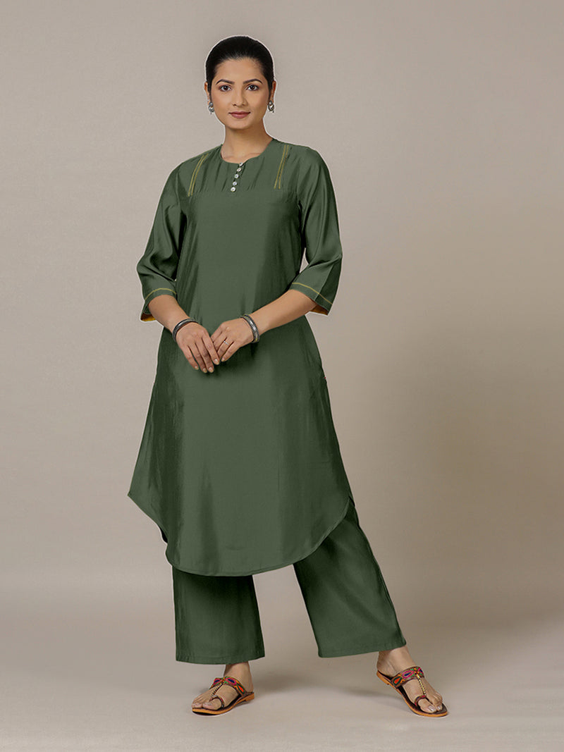 Urvi x Rozaana | A Line Kurta in Pine Green with Thread Work | Coords or Only Kurta-Binks