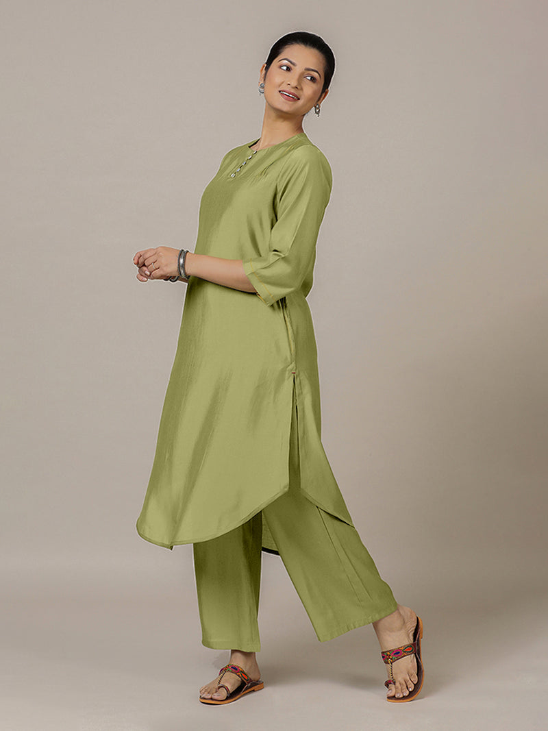 Urvi x Rozaana | A Line Kurta in Pista Green with Thread Work | Coords or Only Kurta-Binks