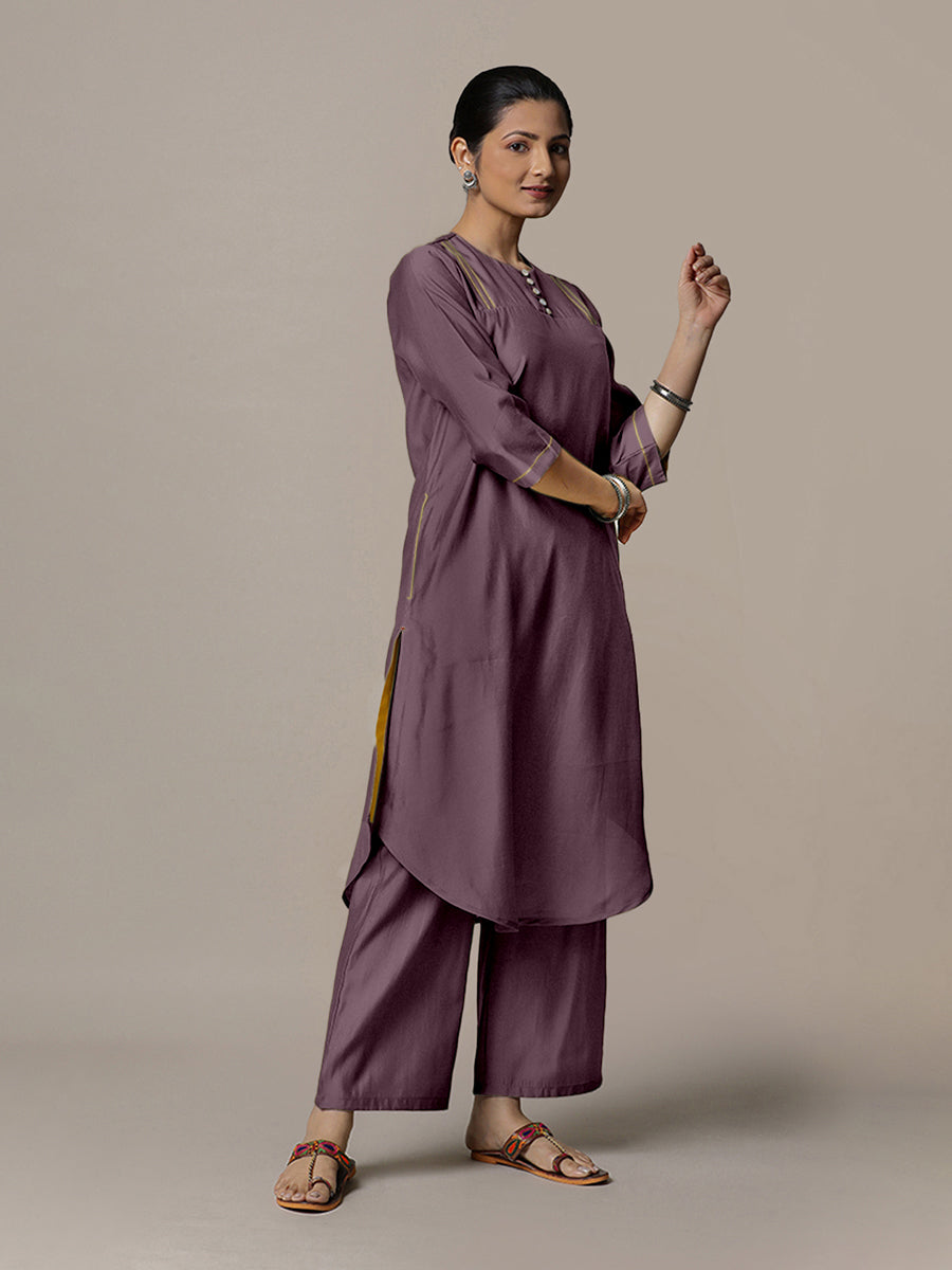 Urvi x Rozaana Kurta, in Purple Viscose, featuring three quarter sleeves and round neckline, made for daily & work.