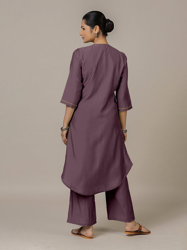 Urvi x Rozaana Kurta, in Purple Viscose, featuring three quarter sleeves and round neckline, made for daily & work (view 2).