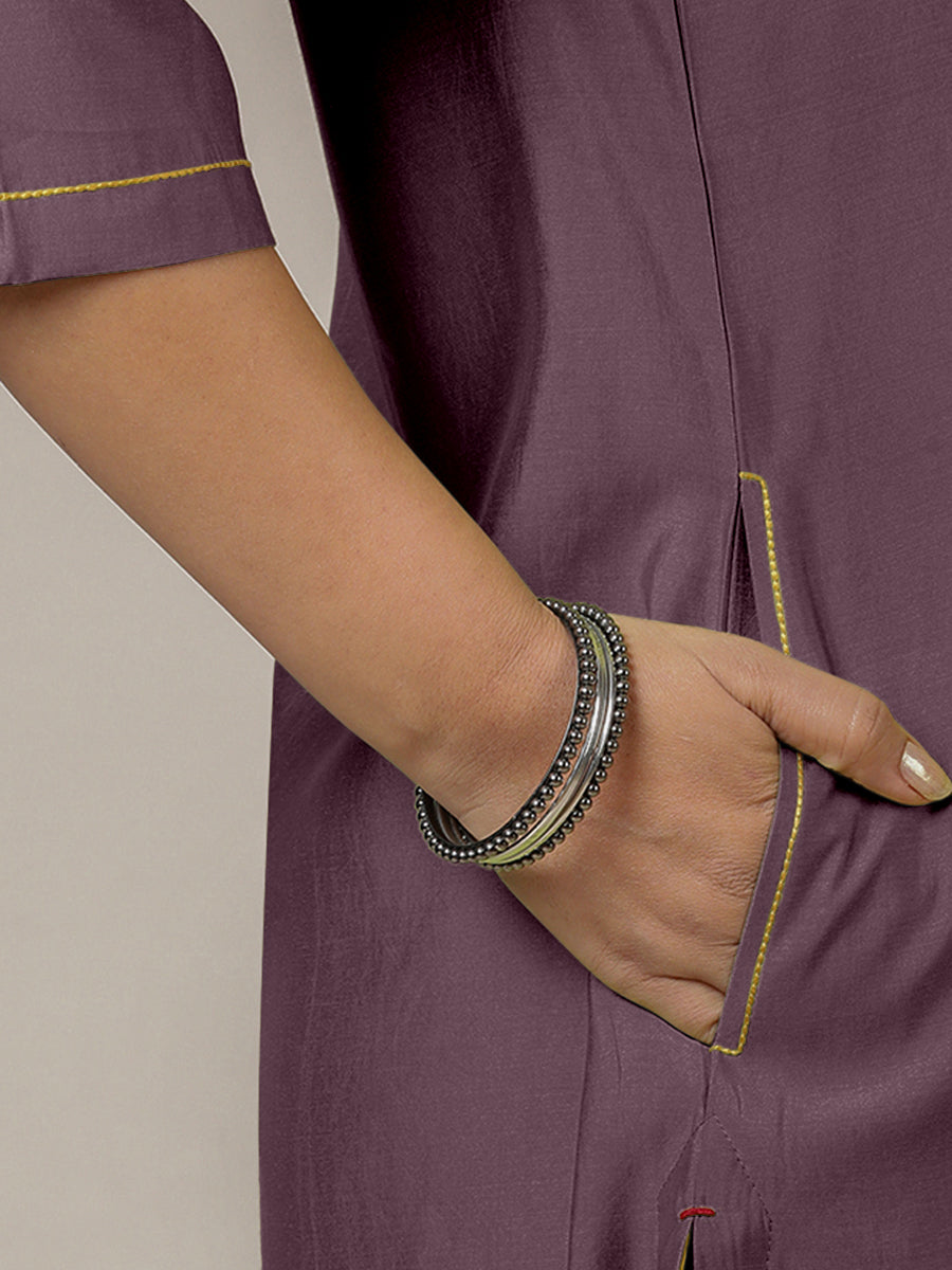 Urvi x Rozaana Kurta, in Purple Viscose, featuring three quarter sleeves and round neckline, made for daily & work (view 4).