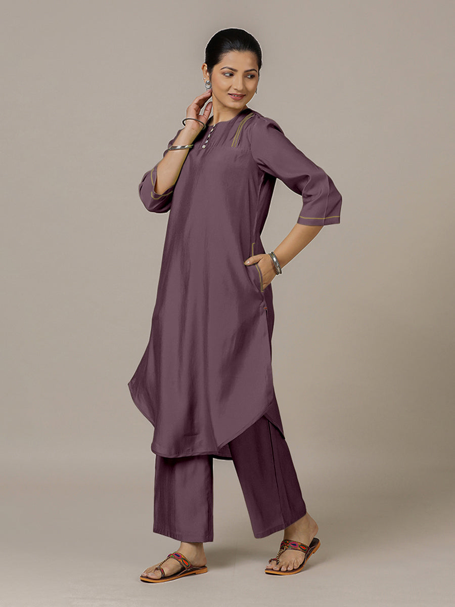 Urvi x Rozaana Kurta, in Purple Viscose, featuring three quarter sleeves and round neckline, made for daily & work (view 8).