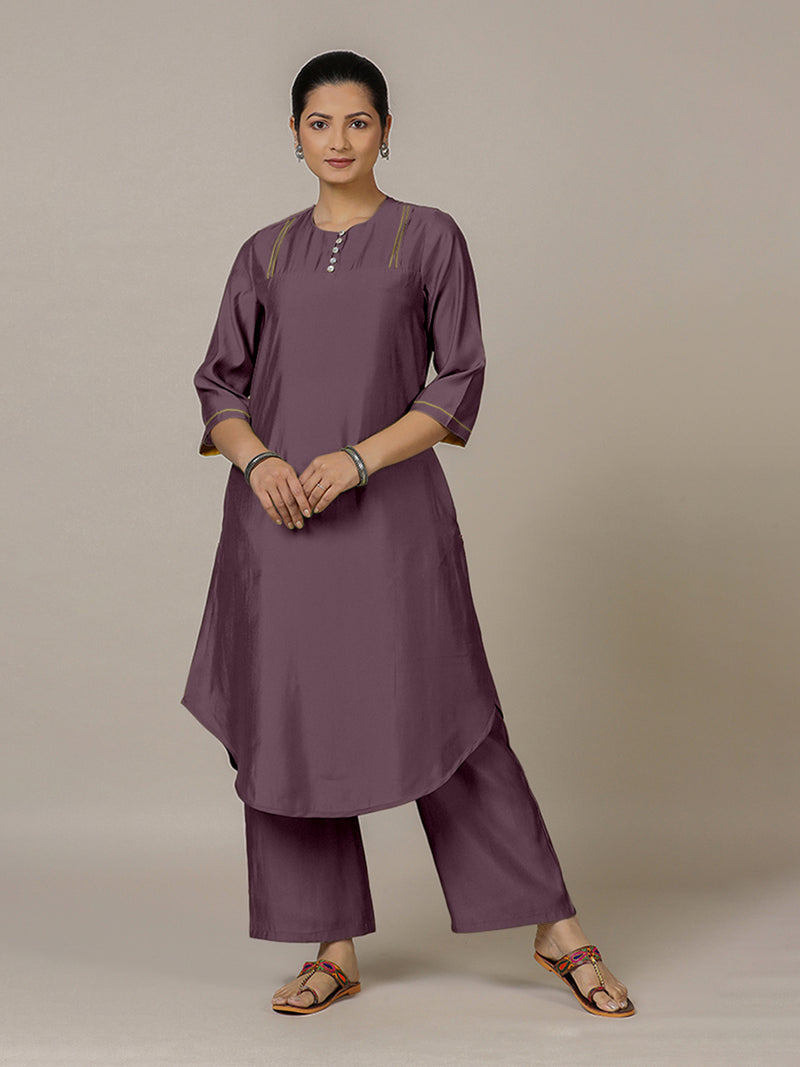 Urvi x Rozaana | A Line Kurta in Purple Mauve with Thread Work | Coords or Only Kurta-Binks