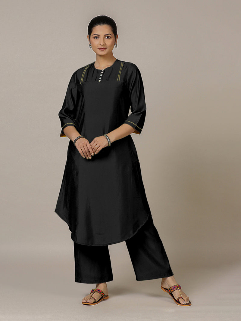 Urvi x Rozaana | A Line Kurta in Raven Black with Thread Work | Coords or Only Kurta-Binks