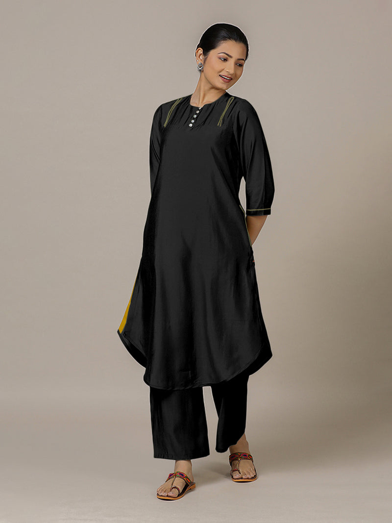 Urvi x Rozaana | A Line Kurta in Raven Black with Thread Work | Coords or Only Kurta-Binks