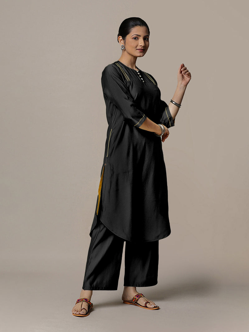 Urvi x Rozaana | A Line Kurta in Raven Black with Thread Work | Coords or Only Kurta-Binks