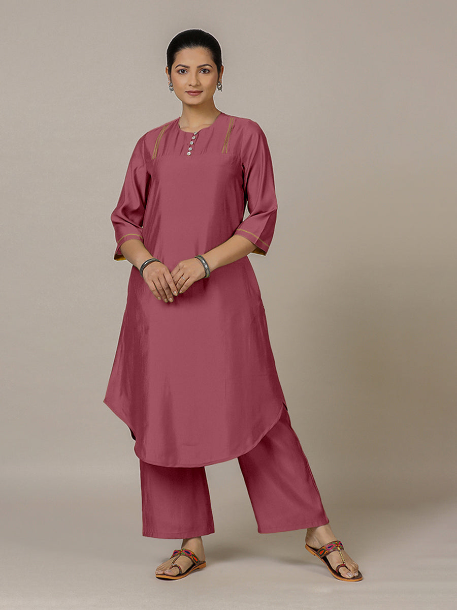 Urvi x Rozaana Kurta, in Pink Viscose, featuring three quarter sleeves and round neckline, made for daily & work.