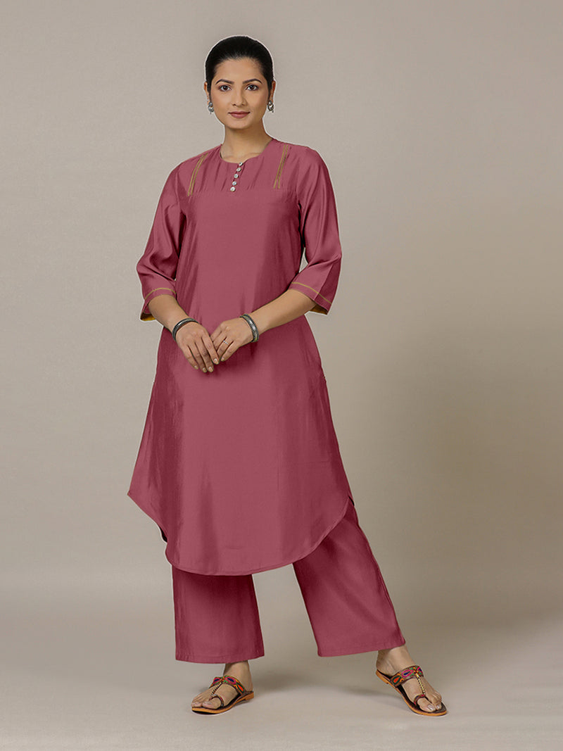 Urvi x Rozaana | A Line Kurta in Rose Pink with Thread Work | Coords or Only Kurta-Binks