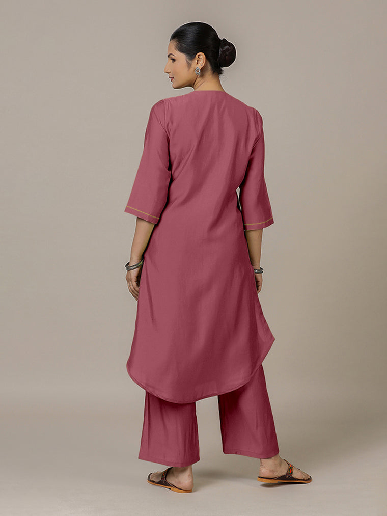 Urvi x Rozaana Kurta, in Pink Viscose, featuring three quarter sleeves and round neckline, made for daily & work (view 2).