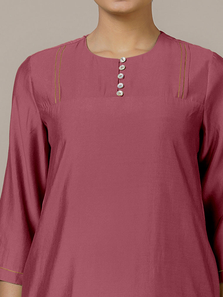 Urvi x Rozaana Kurta, in Pink Viscose, featuring three quarter sleeves and round neckline, made for daily & work (view 3).