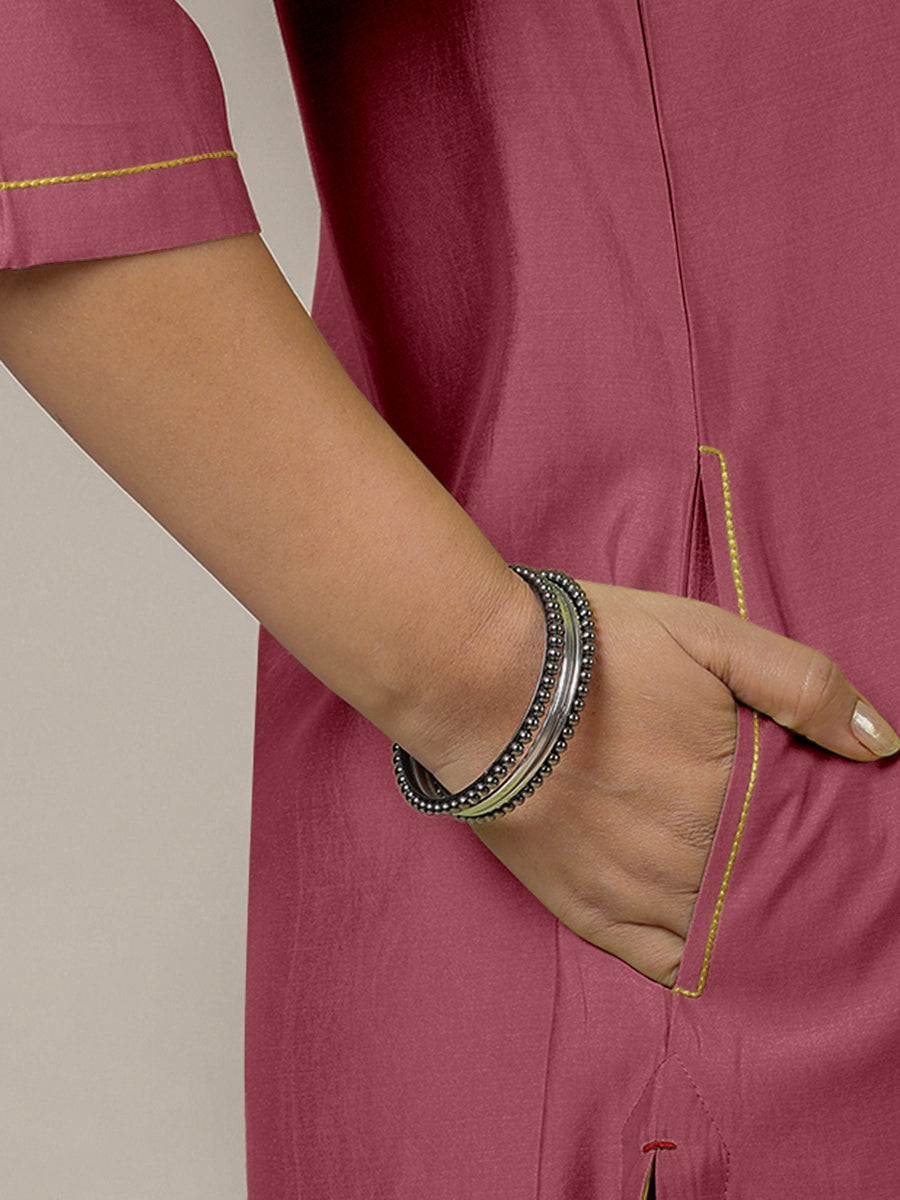 Urvi x Rozaana Kurta, in Pink Viscose, featuring three quarter sleeves and round neckline, made for daily & work (view 4).