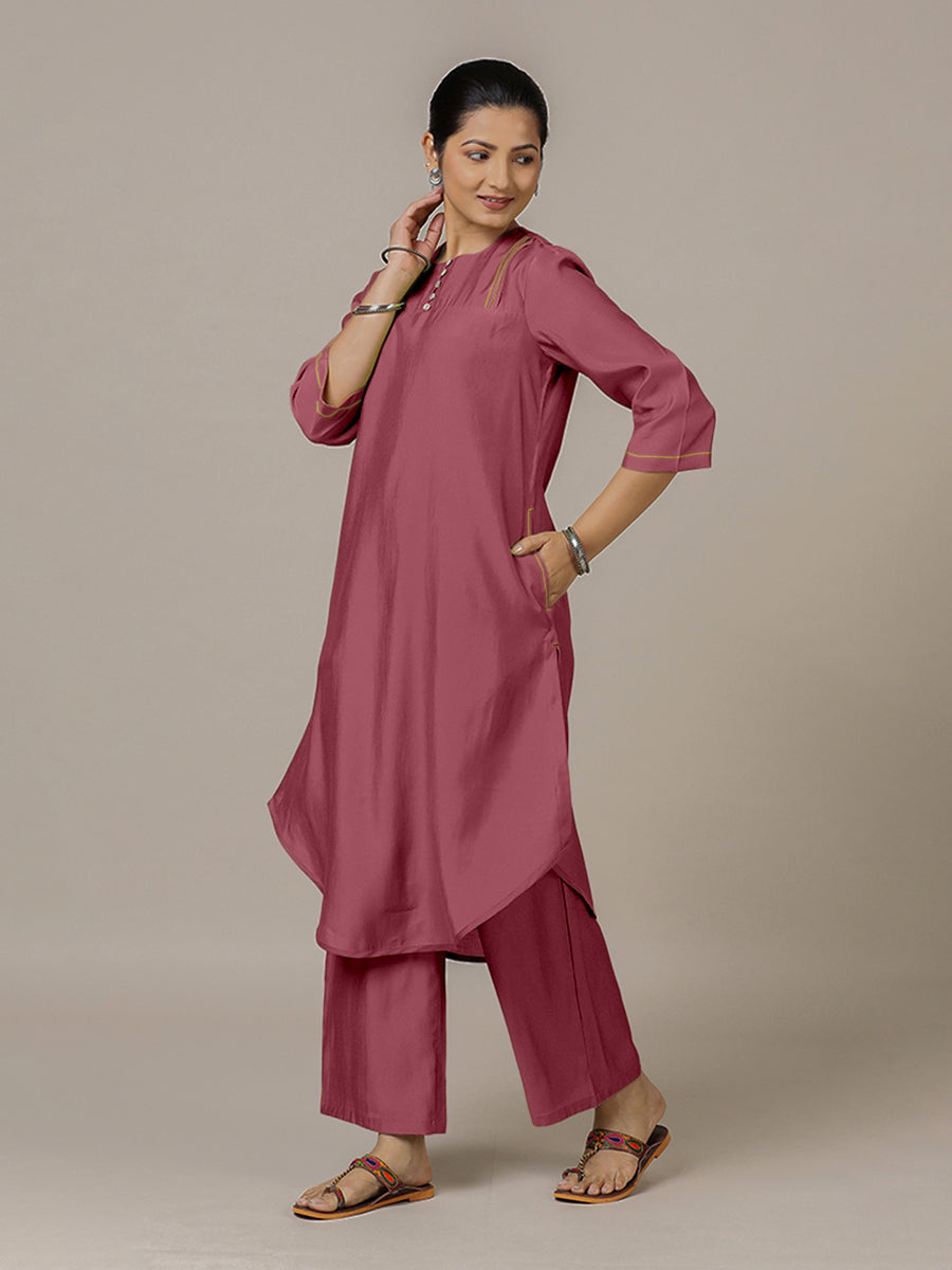 Urvi x Rozaana Kurta, in Pink Viscose, featuring three quarter sleeves and round neckline, made for daily & work (view 7).