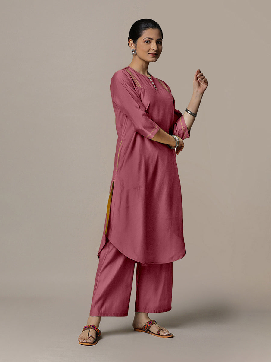 Urvi x Rozaana Kurta, in Pink Viscose, featuring three quarter sleeves and round neckline, made for daily & work (view 8).