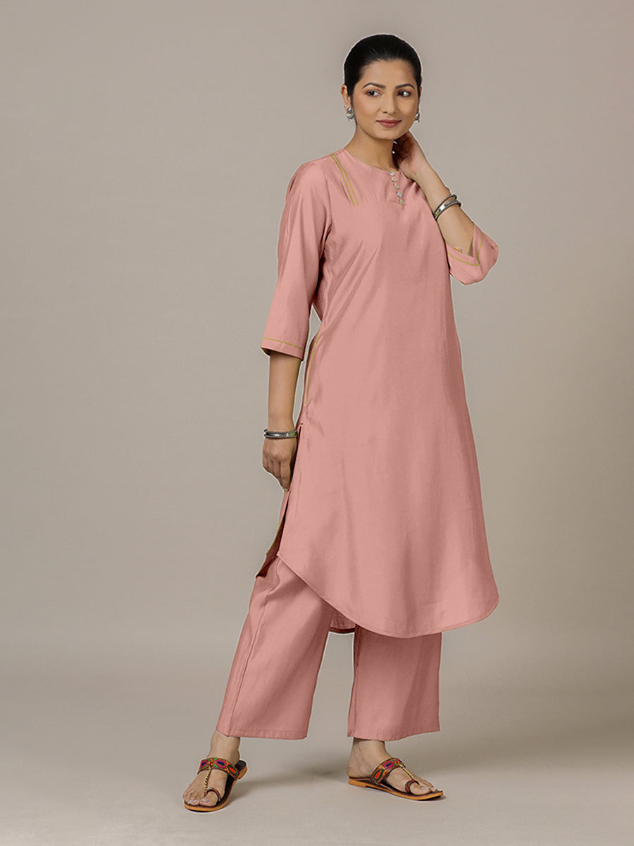 Urvi x Rozaana Kurta, in Pink Viscose, featuring three quarter sleeves and round neckline, made for daily & work.