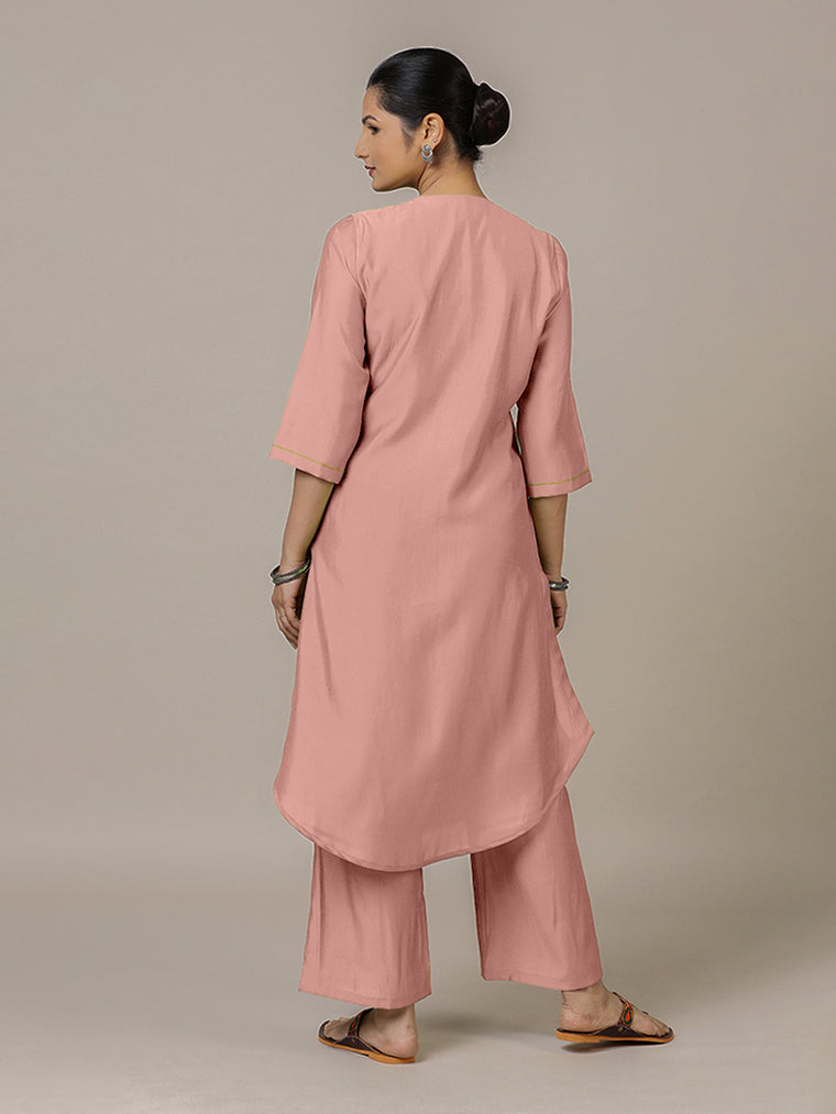 Urvi x Rozaana Kurta, in Pink Viscose, featuring three quarter sleeves and round neckline, made for daily & work (view 2).