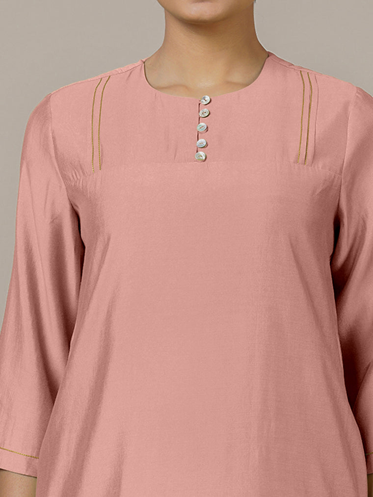 Urvi x Rozaana Kurta, in Pink Viscose, featuring three quarter sleeves and round neckline, made for daily & work (view 3).