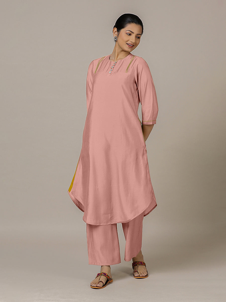 Urvi x Rozaana Kurta, in Pink Viscose, featuring three quarter sleeves and round neckline, made for daily & work (view 5).