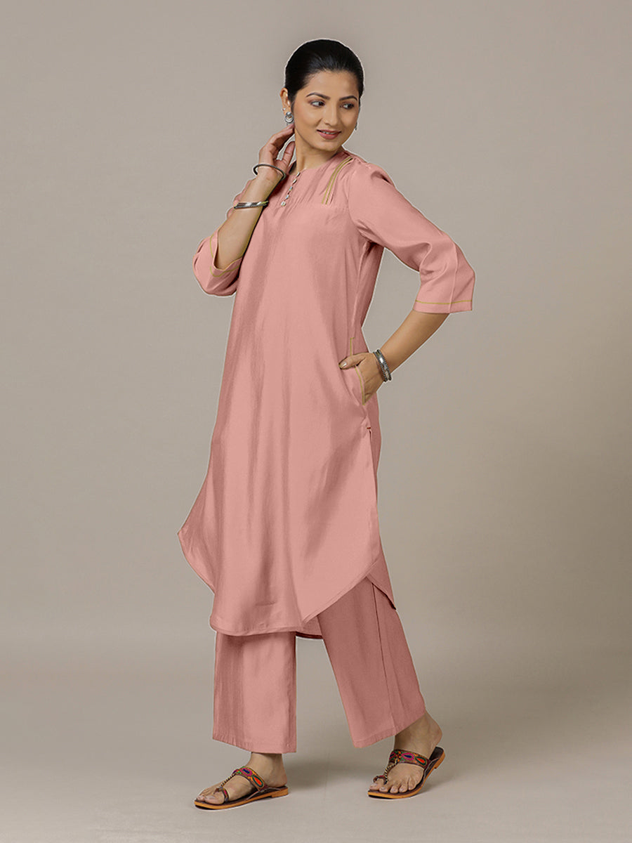 Urvi x Rozaana Kurta, in Pink Viscose, featuring three quarter sleeves and round neckline, made for daily & work (view 7).