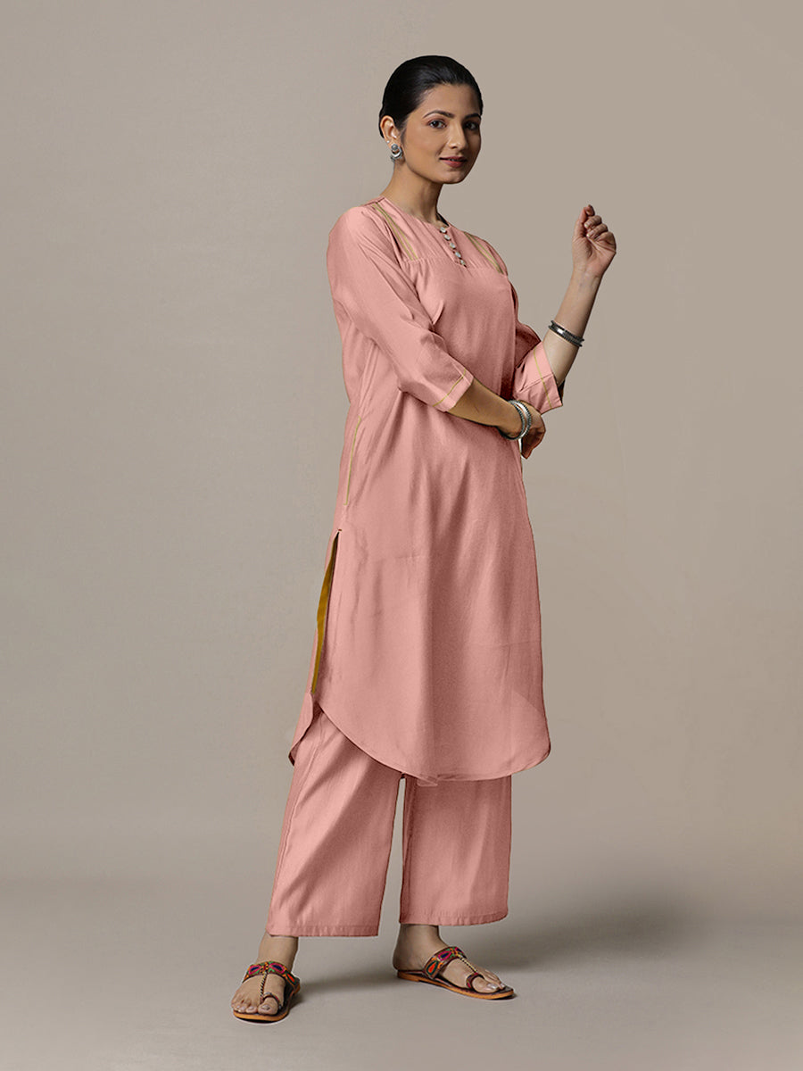 Urvi x Rozaana Kurta, in Pink Viscose, featuring three quarter sleeves and round neckline, made for daily & work (view 8).
