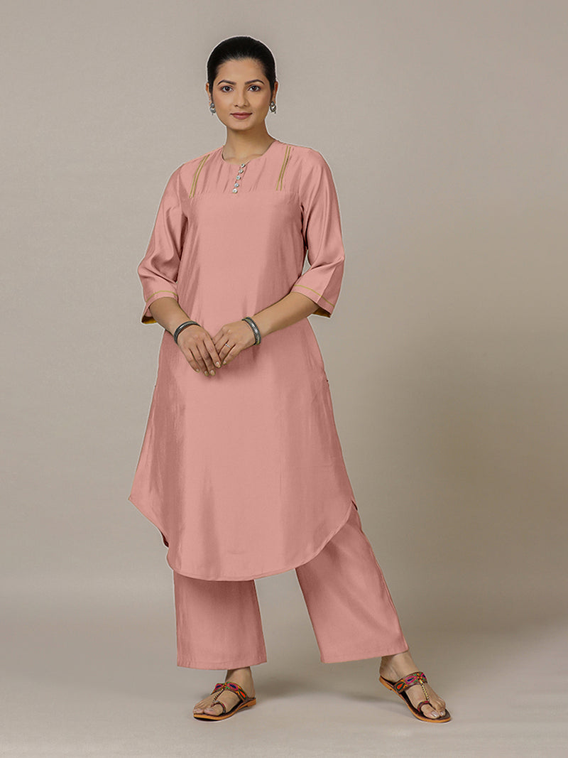 Urvi x Rozaana | A Line Kurta in Sea Pink with Thread Work | Coords or Only Kurta-Binks