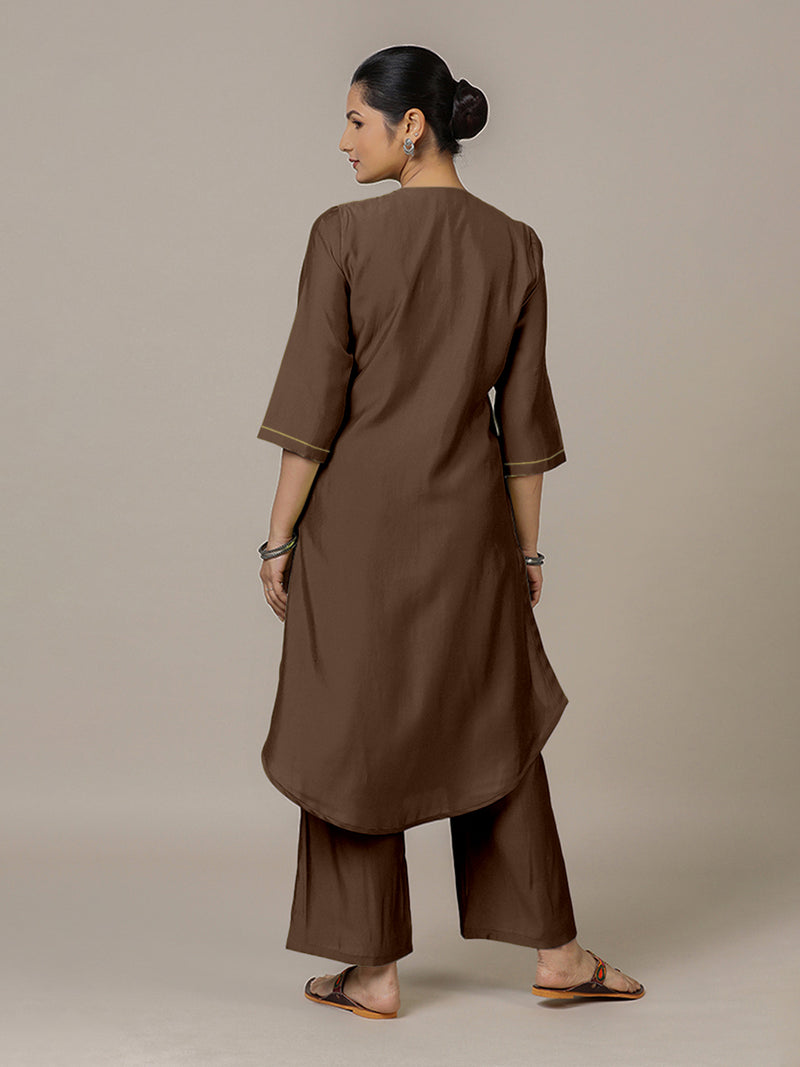 Urvi x Rozaana | A Line Kurta in Walnut Brown with Thread Work | Coords or Only Kurta-Binks