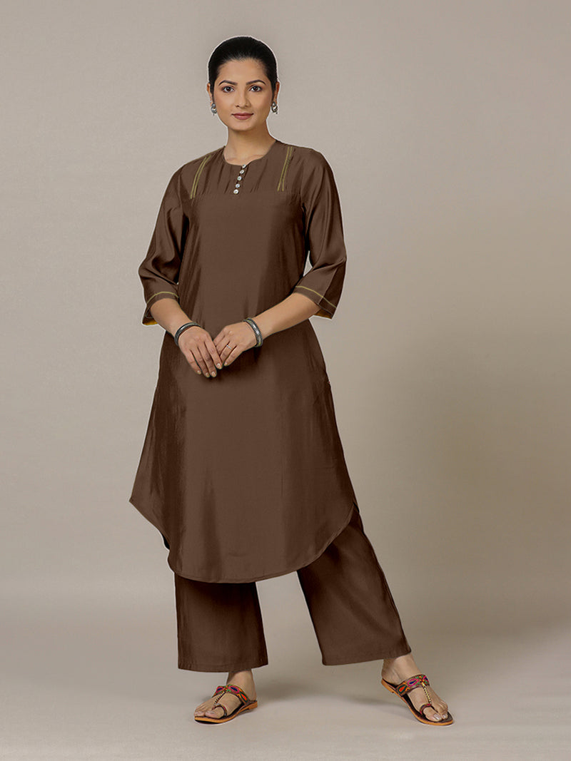 Urvi x Rozaana | A Line Kurta in Walnut Brown with Thread Work | Coords or Only Kurta-Binks