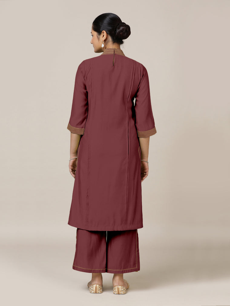 Vanya x Rozaana Kurta, in Maroon Viscose, featuring three quarter sleeves and band collar neckline, made for daily & work.
