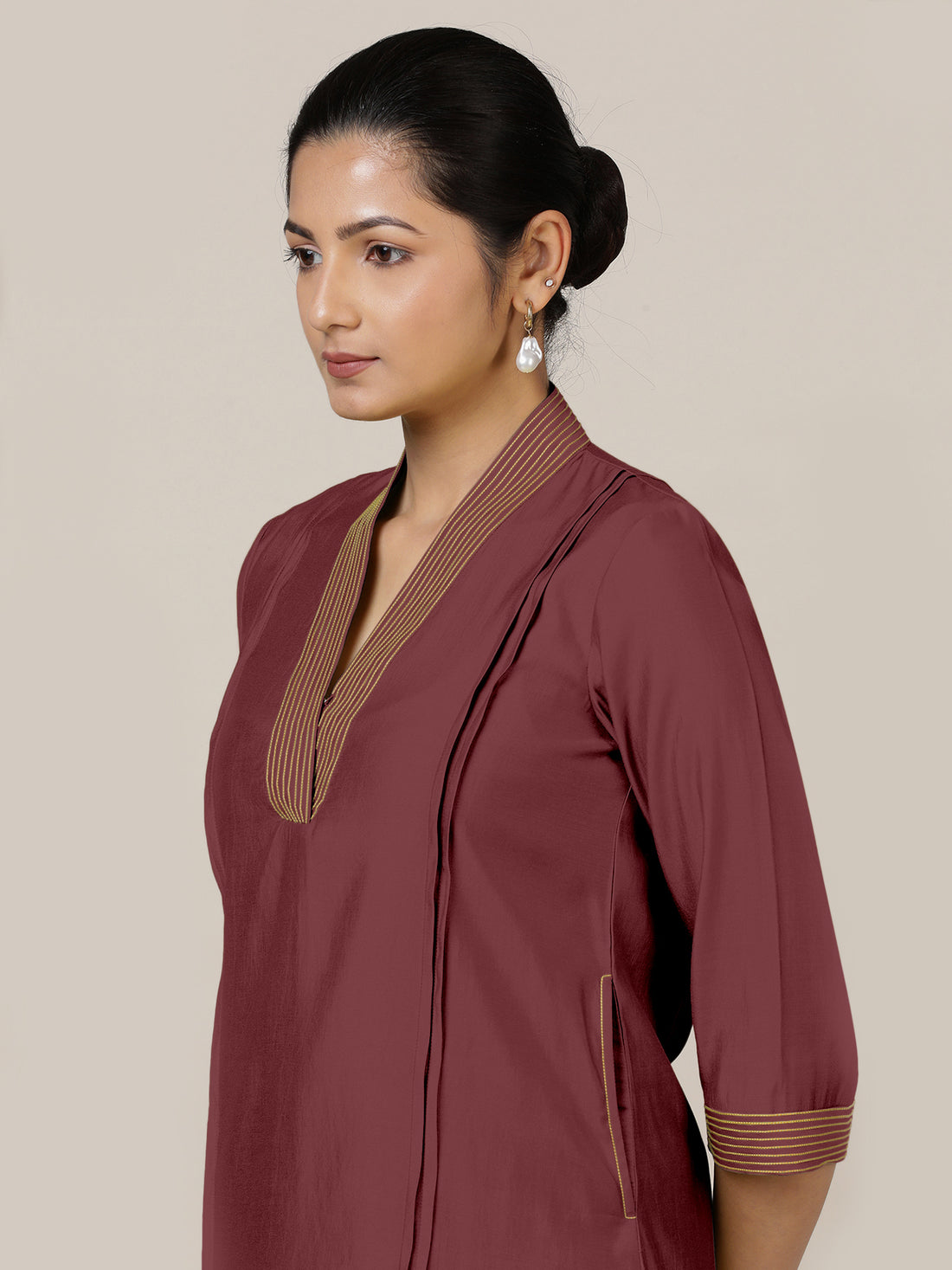 Vanya x Rozaana Kurta, in Maroon Viscose, featuring three quarter sleeves and band collar neckline, made for daily & work.