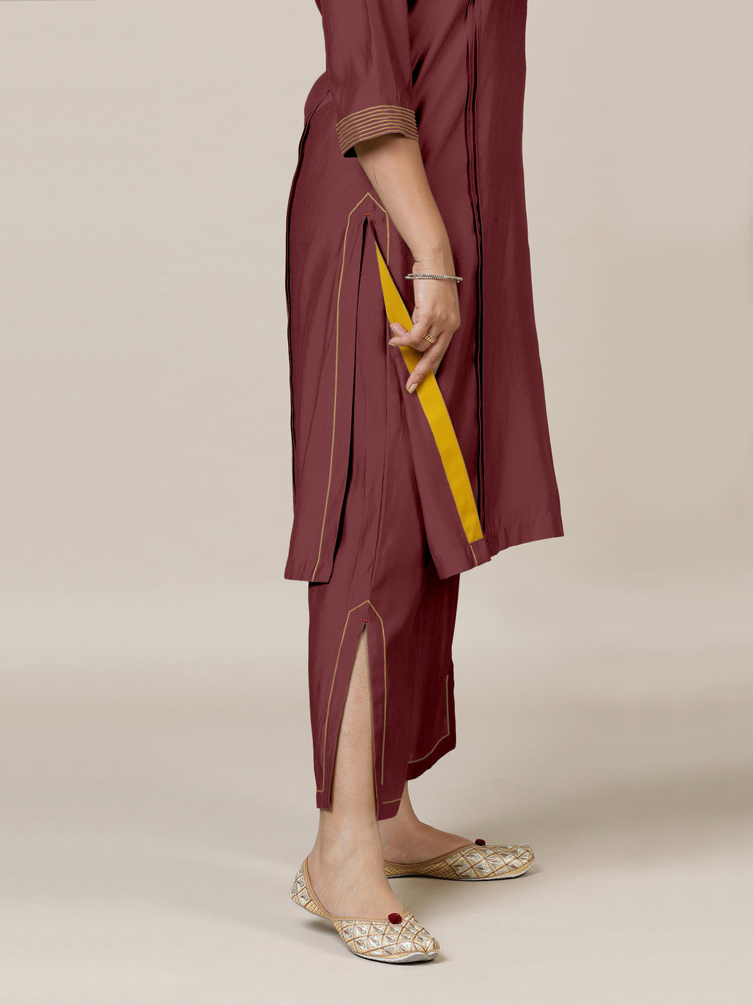 Vanya x Rozaana Kurta, in Maroon Viscose, featuring three quarter sleeves and band collar neckline, made for daily & work.