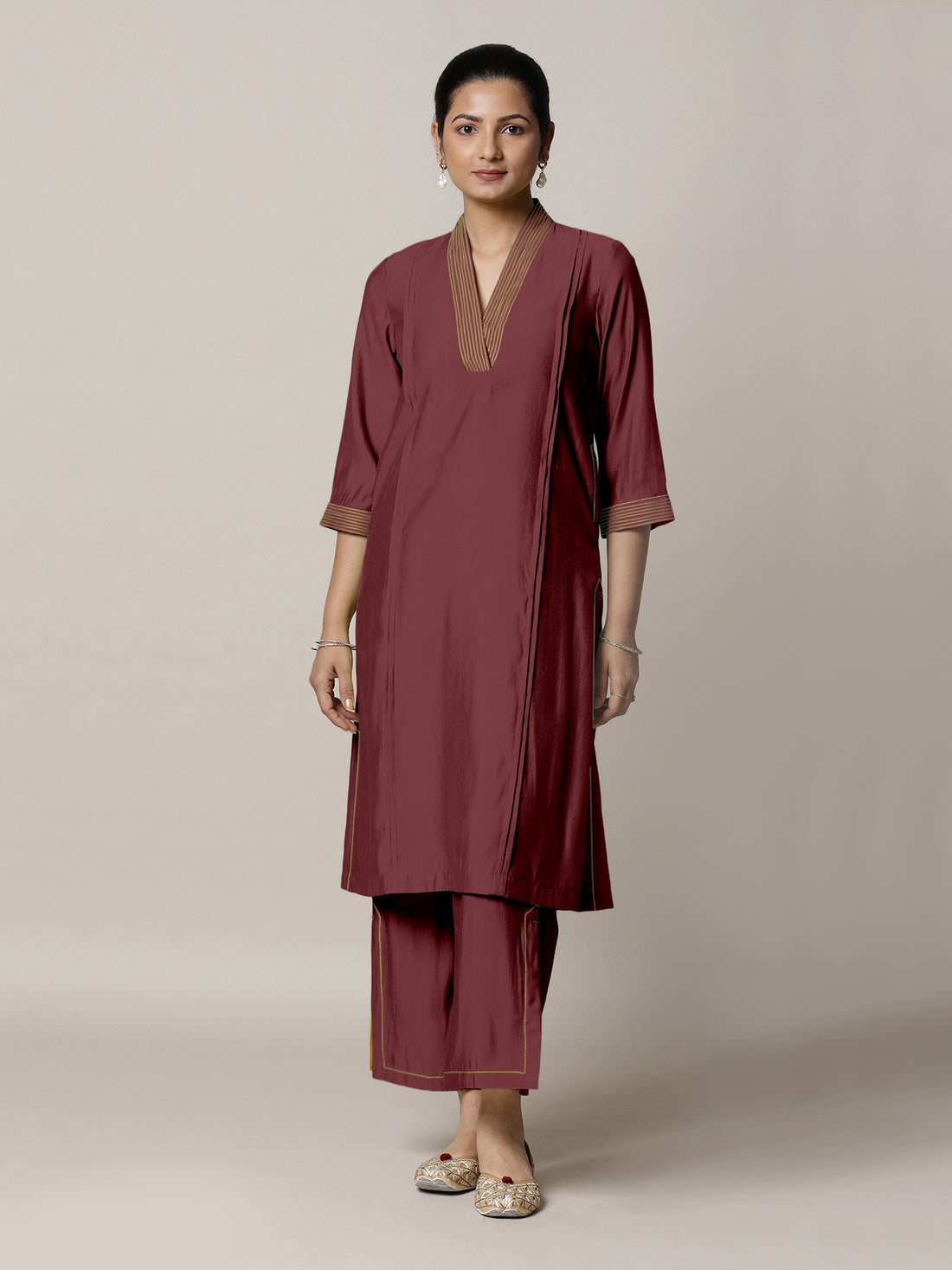 Vanya x Rozaana Kurta, in Maroon Viscose, featuring three quarter sleeves and band collar neckline, made for daily & work.