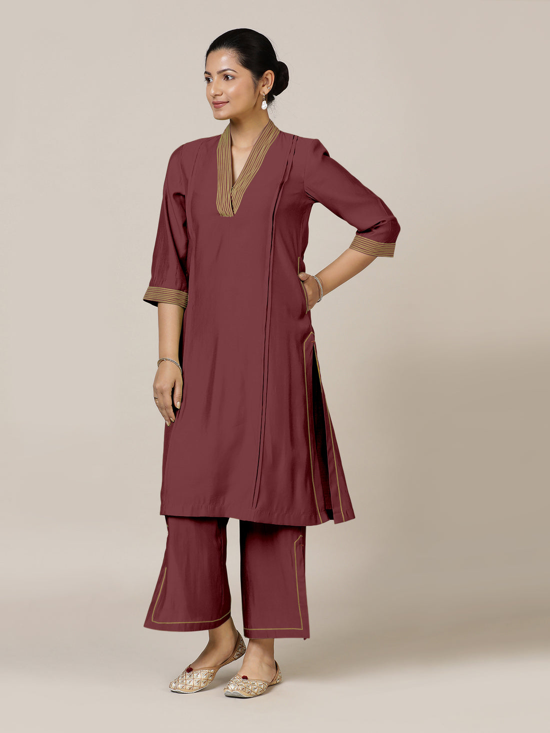 Vanya x Rozaana Kurta, in Maroon Viscose, featuring three quarter sleeves and band collar neckline, made for daily & work.