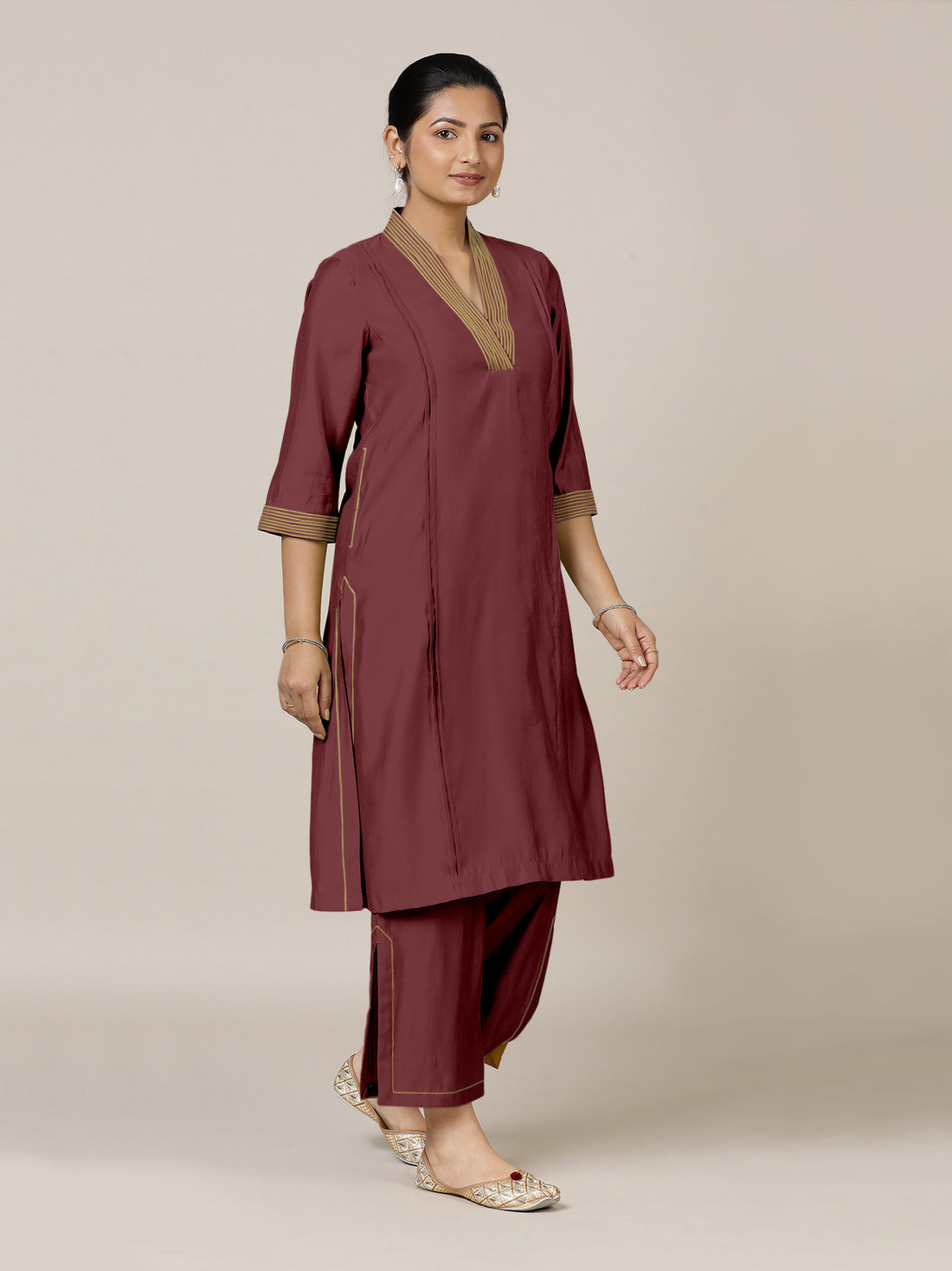 Vanya x Rozaana Kurta, in Maroon Viscose, featuring three quarter sleeves and band collar neckline, made for daily & work.