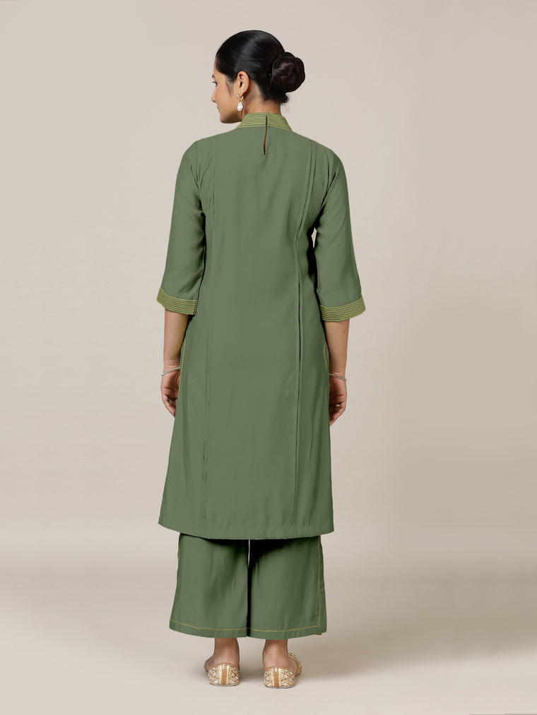 Vanya x Rozaana Kurta, in Green Viscose, featuring three quarter sleeves and band collar neckline, made for daily & work.