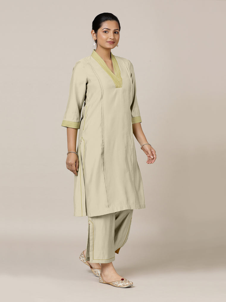 Vanya x Rozaana Kurta, in Cream Viscose, featuring three quarter sleeves and band collar neckline, made for daily & work.
