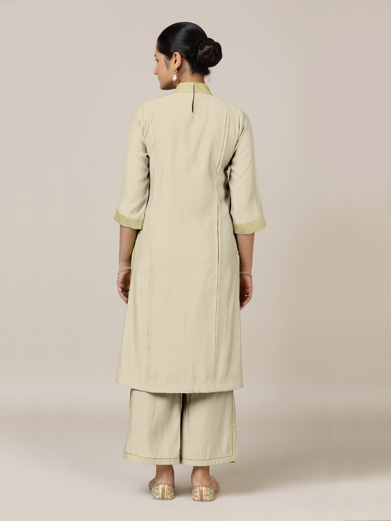 Vanya x Rozaana Kurta, in Cream Viscose, featuring three quarter sleeves and band collar neckline, made for daily & work.