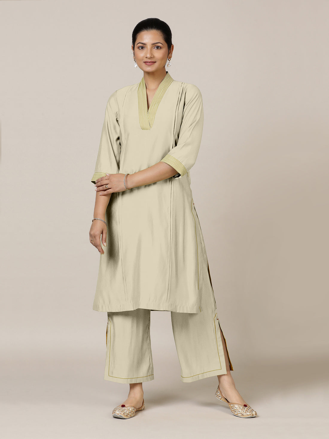 Vanya x Rozaana Kurta, in Cream Viscose, featuring three quarter sleeves and band collar neckline, made for daily & work.