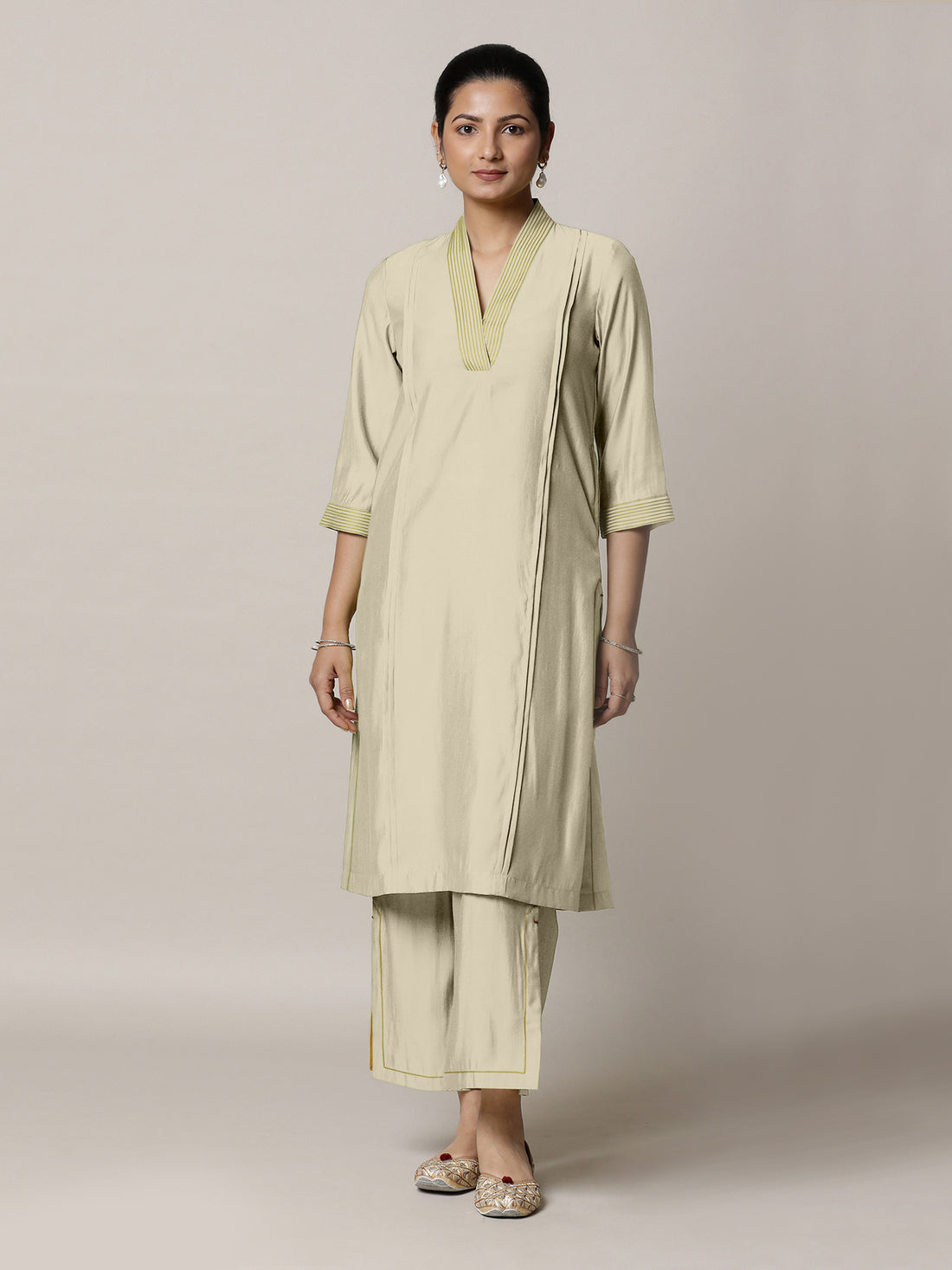 Vanya x Rozaana Kurta, in Cream Viscose, featuring three quarter sleeves and band collar neckline, made for daily & work.