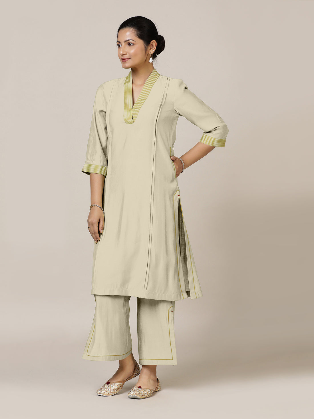 Vanya x Rozaana Kurta, in Cream Viscose, featuring three quarter sleeves and band collar neckline, made for daily & work.