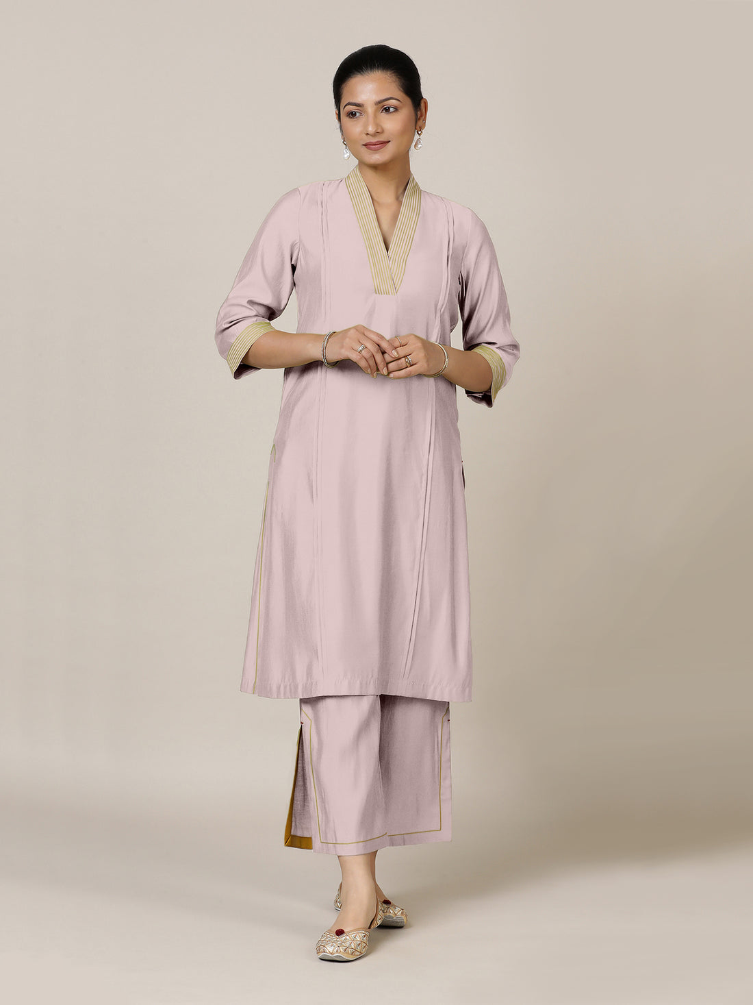 Vanya x Rozaana Kurta, in Purple Viscose, featuring three quarter sleeves and band collar neckline, made for daily & work.